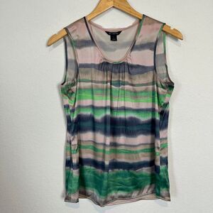 St. John Watercolor Silk Striped Sleeveless Pleated Blouse Women's Size Small